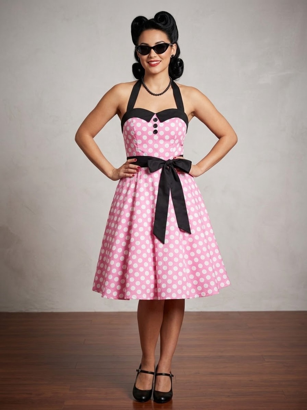 Retro Pink Polka Dot Halter Midi Dress with Black Trim